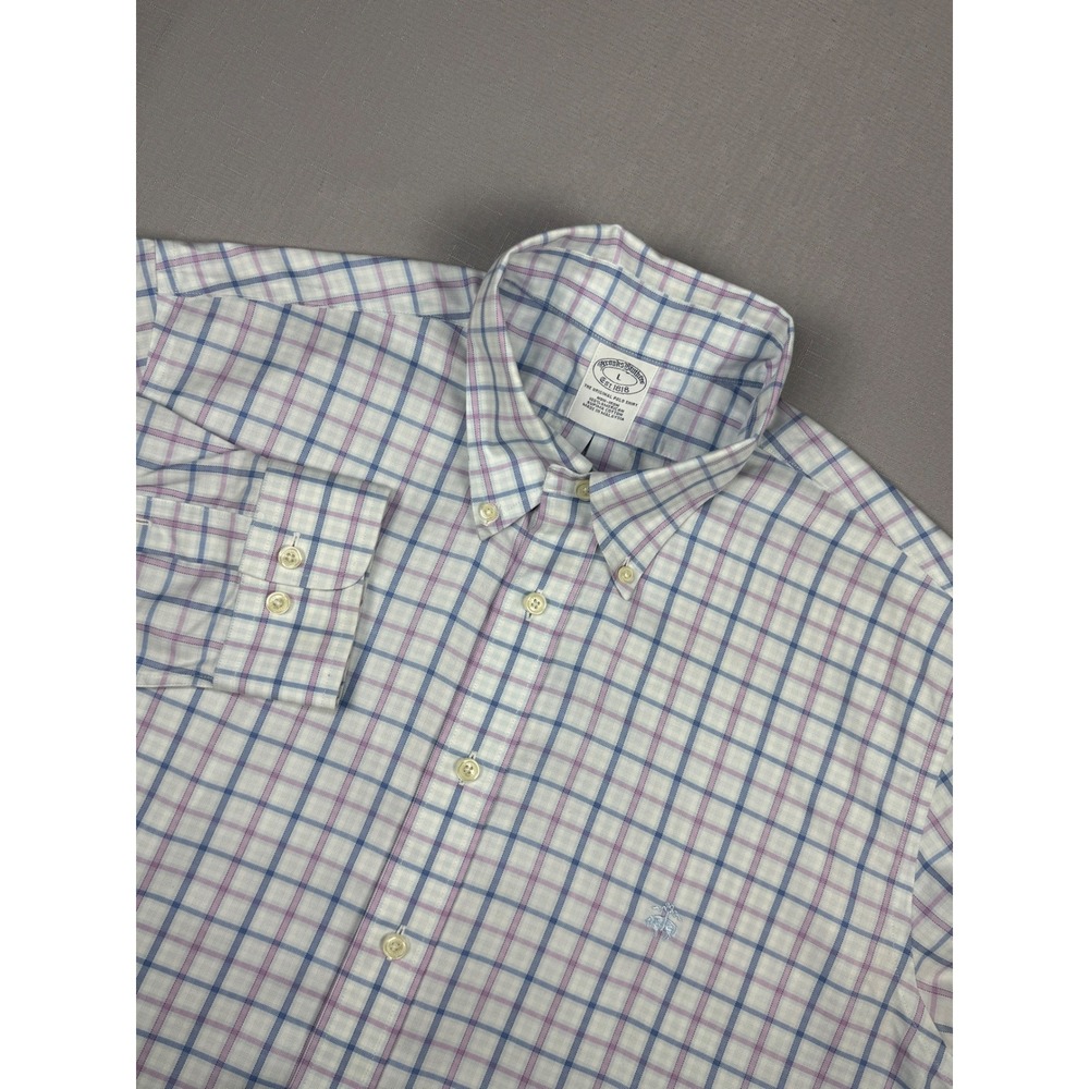 Brooks Brothers Mens Non-Iron Supima Cotton Shirt Large Blue Purple Plaid L